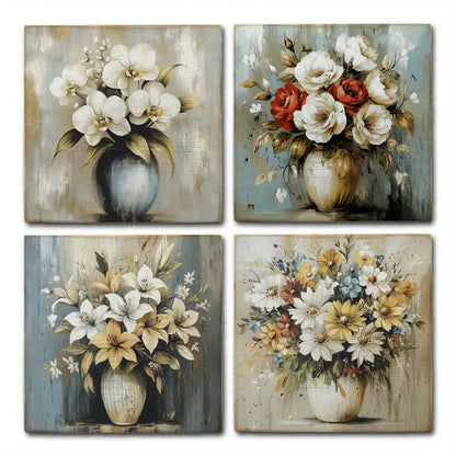 4pcs White,Red And Yellow Flower Boquet With Vas Wall Art Canvas Framed