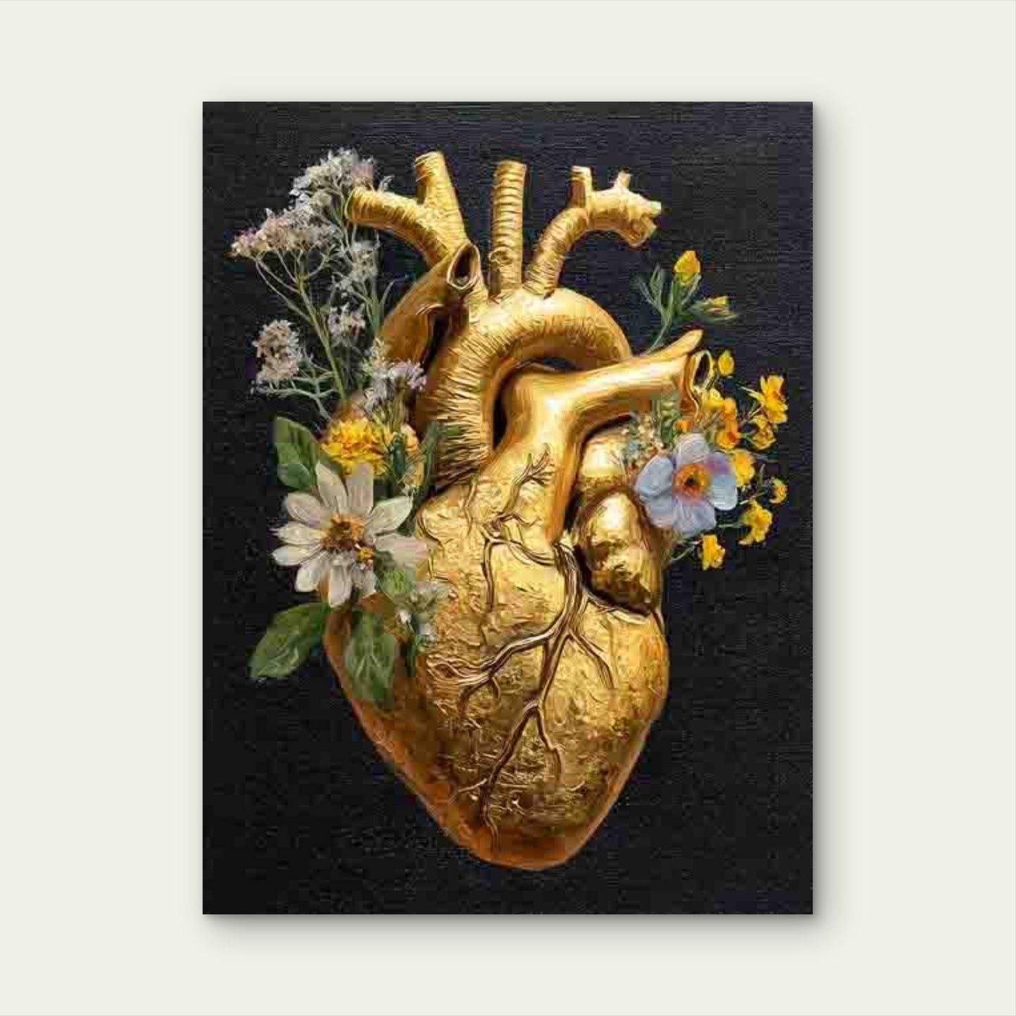 Human Heart Golden with Flowers 60x90cm Metal Print Ready to Hang