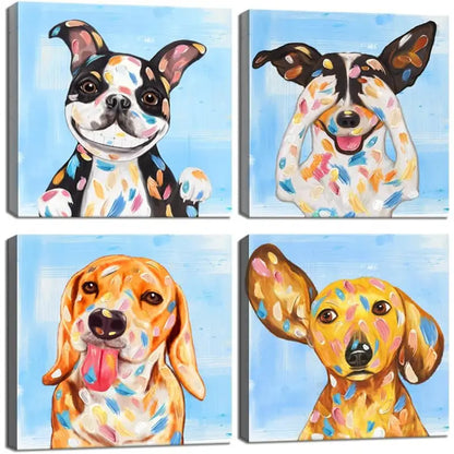 4pcs Playful Dog Paintings With Colorful Splatte Wall Art Canvas Framed