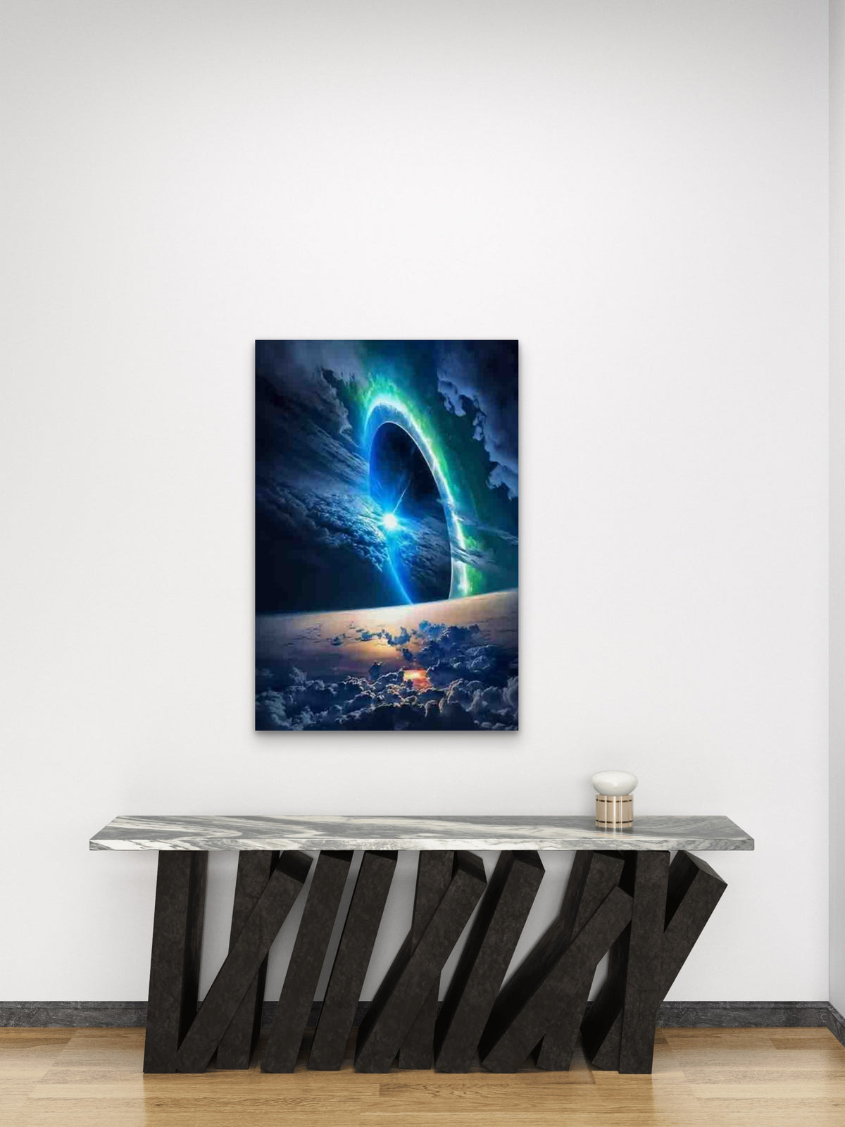 Vibrant Space Scene with Green Aurora 60x90cm Metal Print Ready to Hang