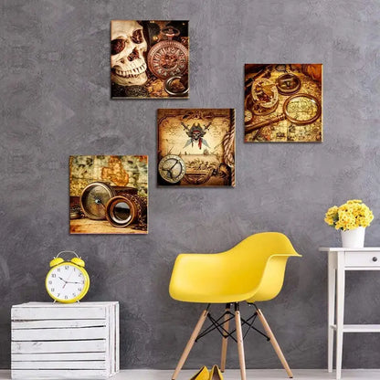 4pcs Pirate Ship Compass Restoring Ancient Ways Wall Art Canvas Framed