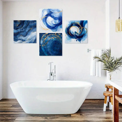 4pcs Gold Accents Art Prints, Blue Tones Wall Art Canvas Framed