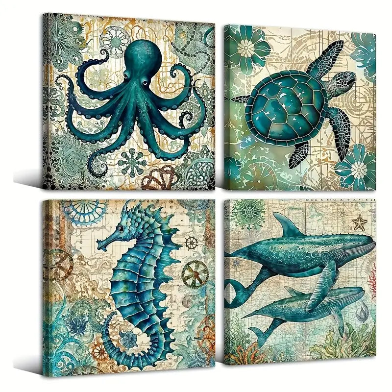4pcs turtles octopus sea horses whale  Wall Art Canvas Framed