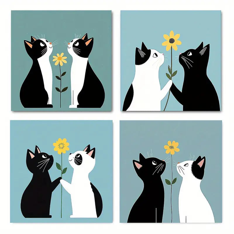 4pcs   Abstract Black and white cat FG Wall Art Canvas Framed