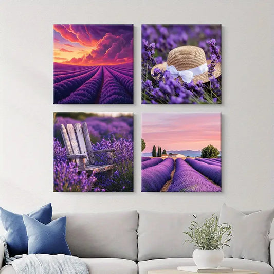 4pcs Sunset Paintings, Benches   Wall Art Canvas Framed