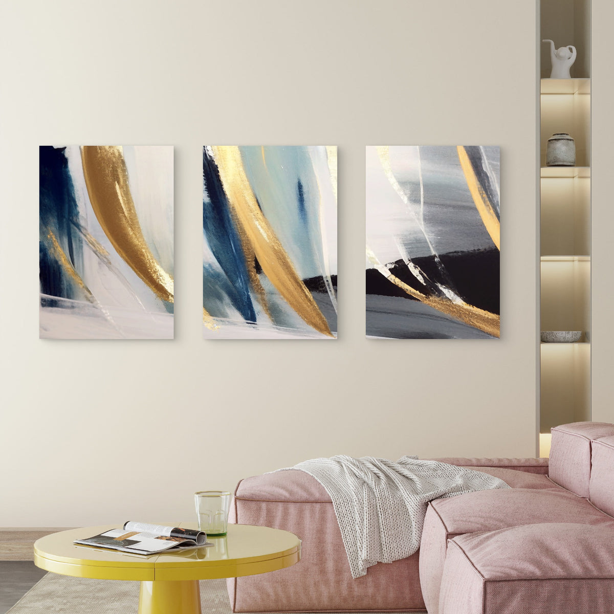 3pcs Navy Gold Foil Metallic Luxury Fluid Wall Art Set Canvas Framed 50x70cm - High Quality Print 100% Australian Made Wall Canvas Ready to Hang
