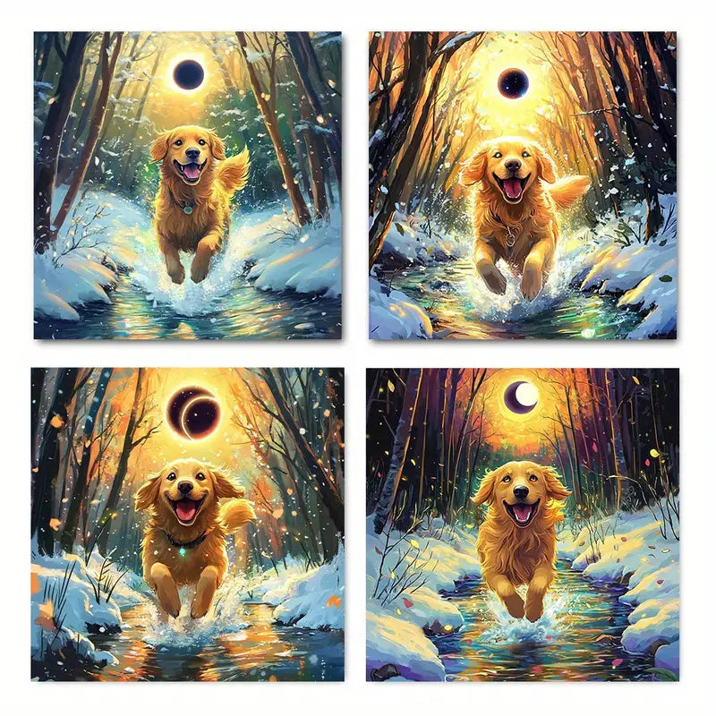 4pcs Vibrant Winter Forest Scene With Snowy Stre Wall Art Canvas Framed