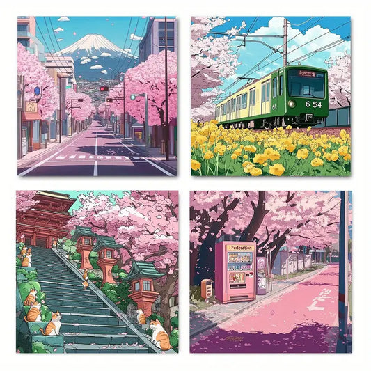 4pcs Blossom Road in Japanese City   Wall Art WD  Wall Art Canvas Framed