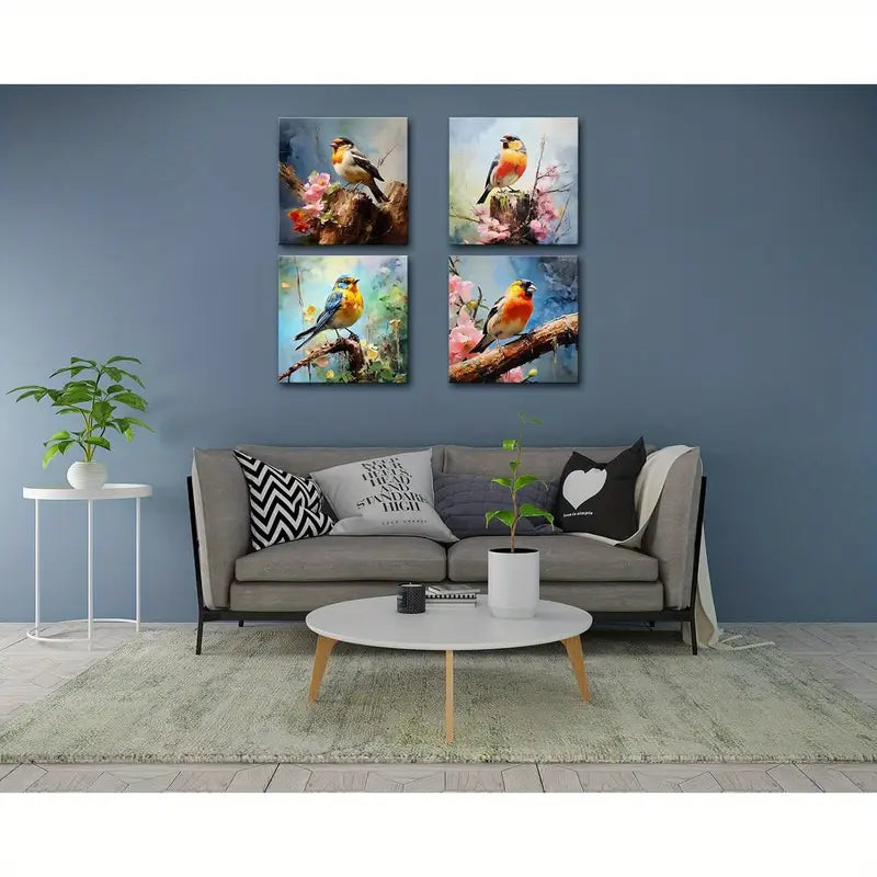 4pcs Colorful Birds With Flowers Wall Art Canvas Framed