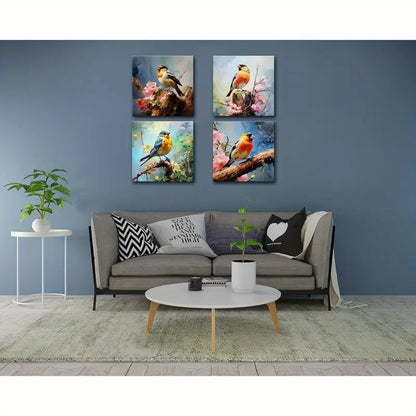 4pcs Colorful Birds With Flowers Wall Art Canvas Framed