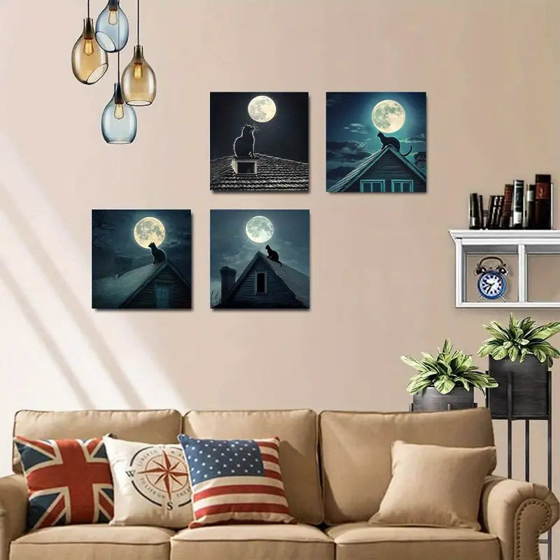 4pcs Cat and Moon Wall Art Canvas Framed