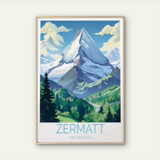 Zermatt Switzerland, Matterhorn Mountain Travel Poster Print Wall Art