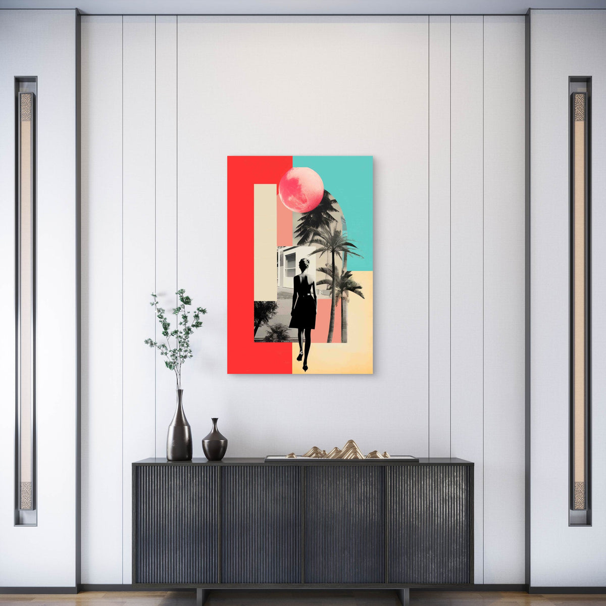 Vintage-Style Silhouette of a Woman in a Black Dress 60x90cm Metal Print Ready to Hang