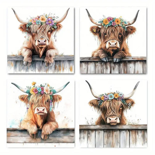 4pcs Garland cow Modern Wall Art Canvas Framed