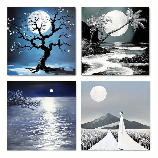 4pcs Black And White Tree And Moon Wall Art Canvas Framed