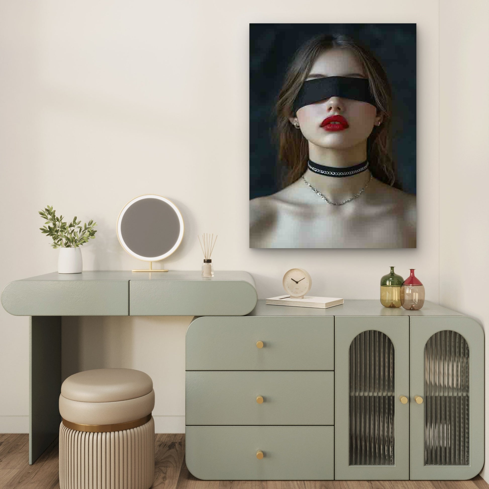 Woman with Red Lips Wearing a Black Eye Mask And Necklace 60x90cm Metal Print Ready to Hang - Bella Home Decor