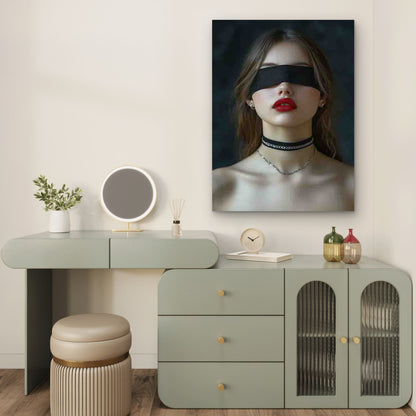 Woman with Red Lips Wearing a Black Eye Mask And Necklace 60x90cm Metal Print Ready to Hang - Bella Home Decor