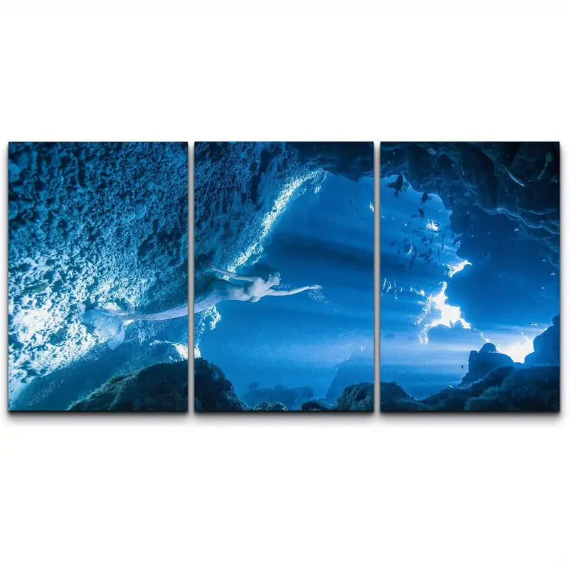3pcs Mermaid Swimming Hidden Ocean Cove Fantasy Metal Print Ready to Hang Art