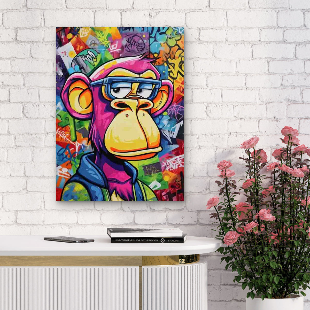 Pink Hair Monkey & Glasses Graffiti 60x90cm Metal Print Ready to Hang