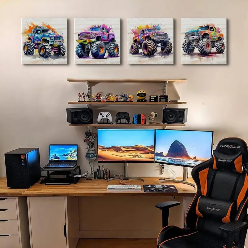 4pcs Vivid Monster Truck Wall Art Canvas Framed