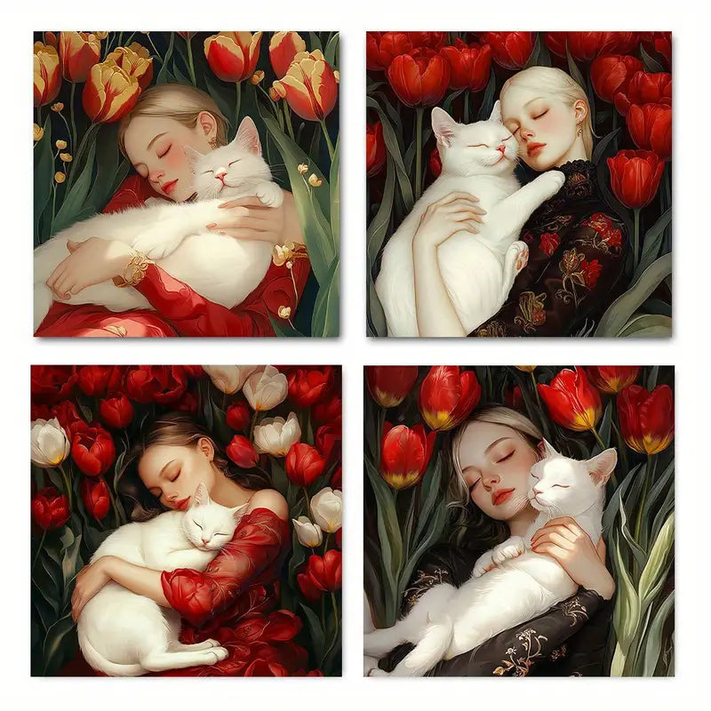 4pcs Beautiful Woman and White Cat Flower  Wall Art Canvas Framed