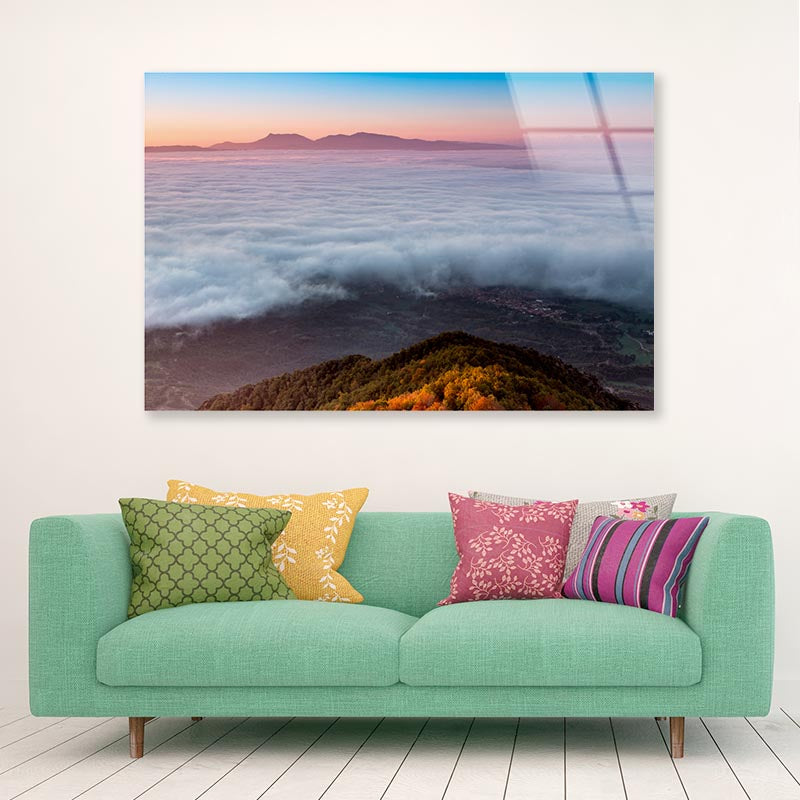 Foggy Dawn Mountains with Beach Acrylic Glass Print Tempered Glass Wall Art 100% Made in Australia Ready to Hang