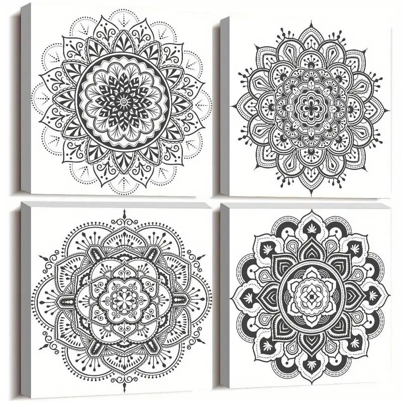 4pcs Black And White Mandala Wall Art Canvas Framed