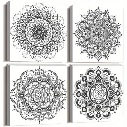 4pcs Black And White Mandala Wall Art Canvas Framed