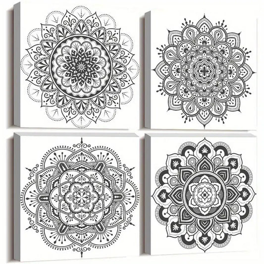 4pcs Black And White Mandala Wall Art Canvas Framed