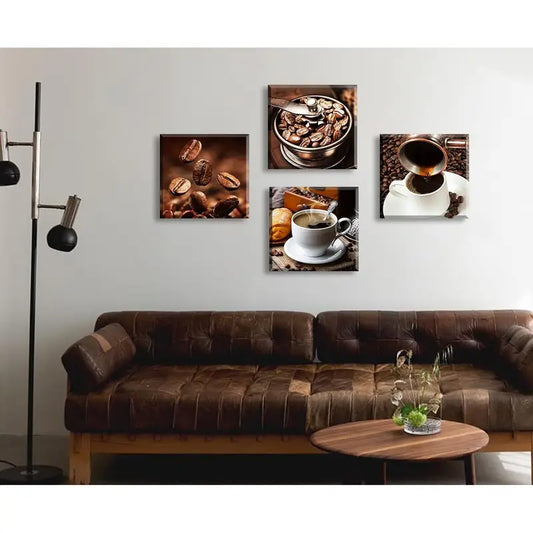 4pcs Coffee Beans, Pouring, Latte Art & Croissants Wall Art Canvas Framed