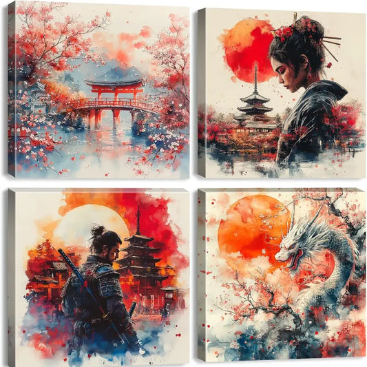 4pcs Japanese Samurai Cherry Blossom Wall Art Canvas Framed