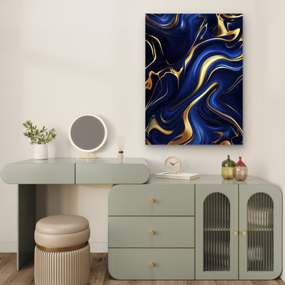Deep Blue & Golden Fluid Lines Abstract Art 60x90cm Metal Print Ready to Hang - Bella Home Decor