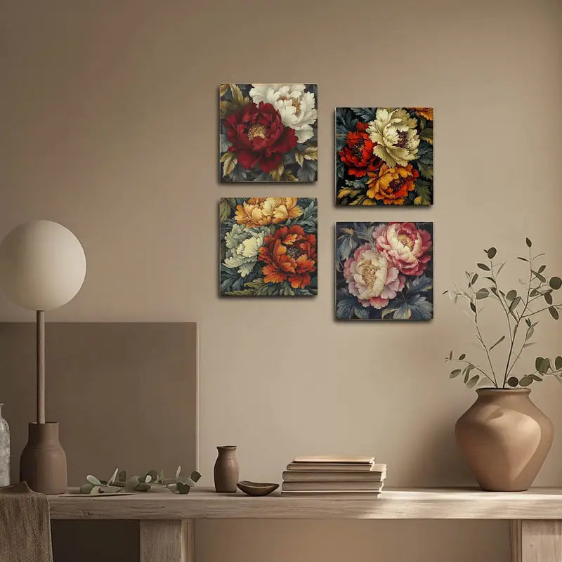 4pcs Poney Rose Flower Wall Art Canvas Framed