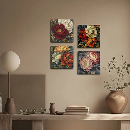 4pcs Poney Rose Flower Wall Art Canvas Framed