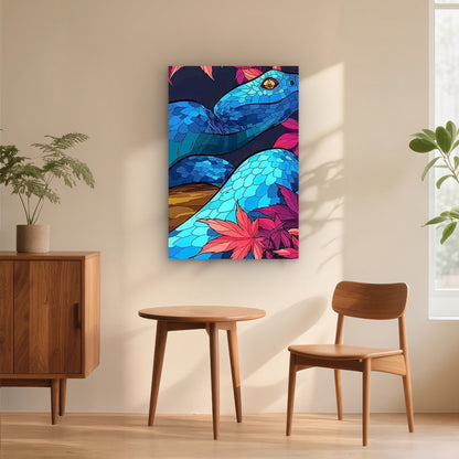 Blue-Scaled Snake with Pink Maple Leaves 40x60cm Metal Print Ready to Hang