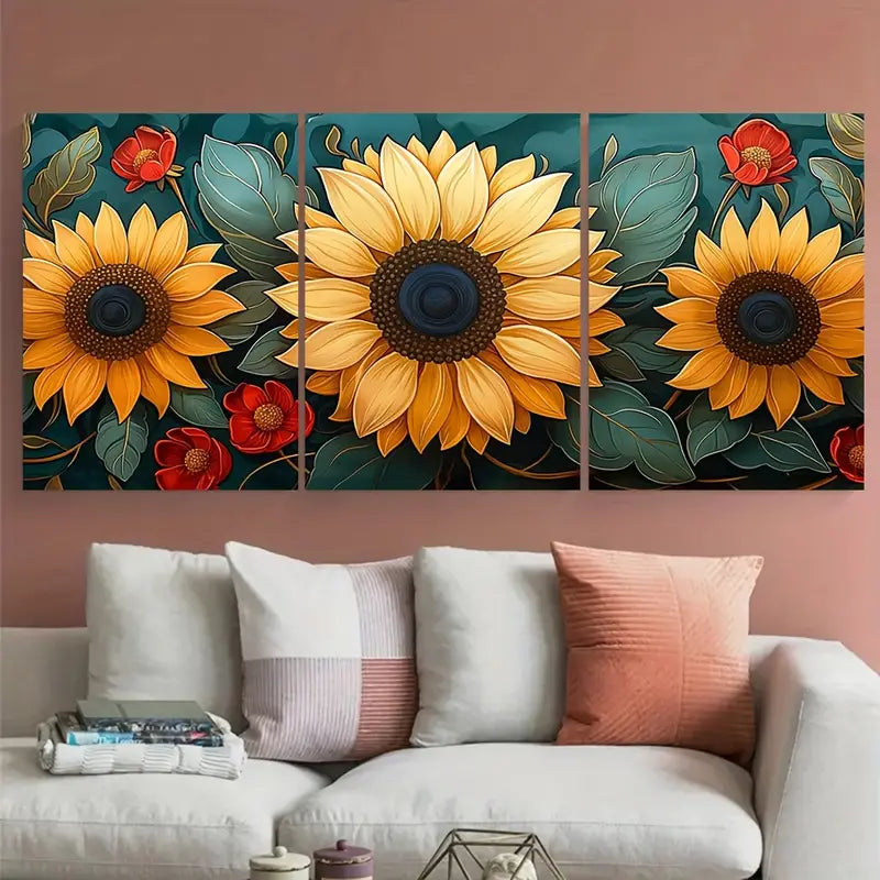 3pcs Vibrant Sunflower Green Leaves Metal Print Ready to Hang Art