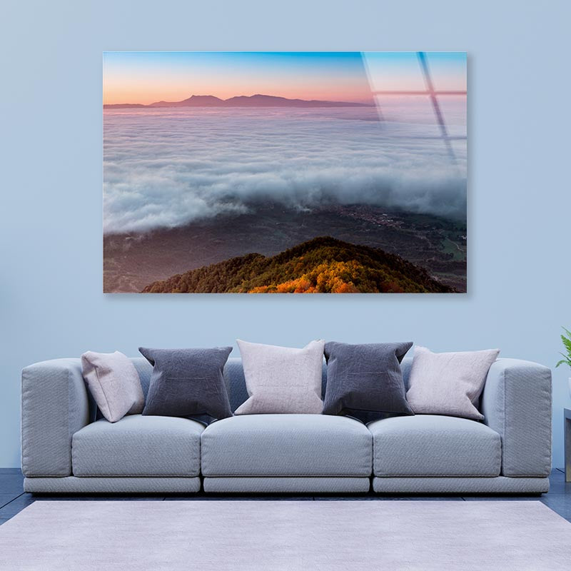 Foggy Dawn Mountains with Beach Acrylic Glass Print Tempered Glass Wall Art 100% Made in Australia Ready to Hang