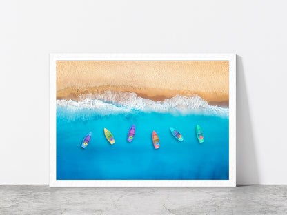 Colorful Boats On Beach Glass Framed Wall Art, Ready to Hang Quality Print Without White Border White