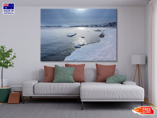 Winter Scene with the Lake Covered In Ice and Snow Print 100% Australian Made