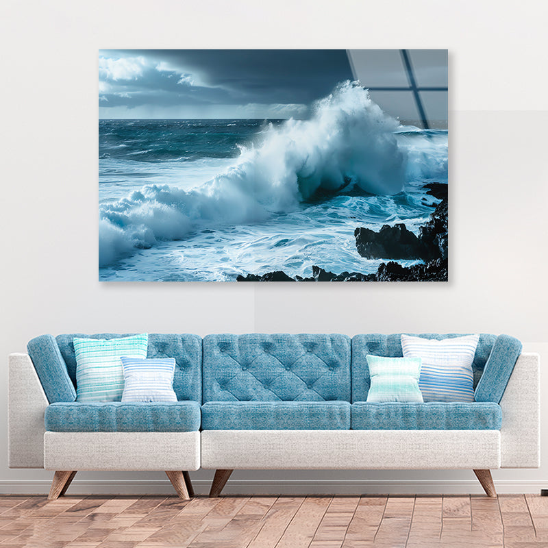 Large Wave Crashing Into Rocks, Sky Acrylic Glass Print Tempered Glass Wall Art 100% Made in Australia Ready to Hang