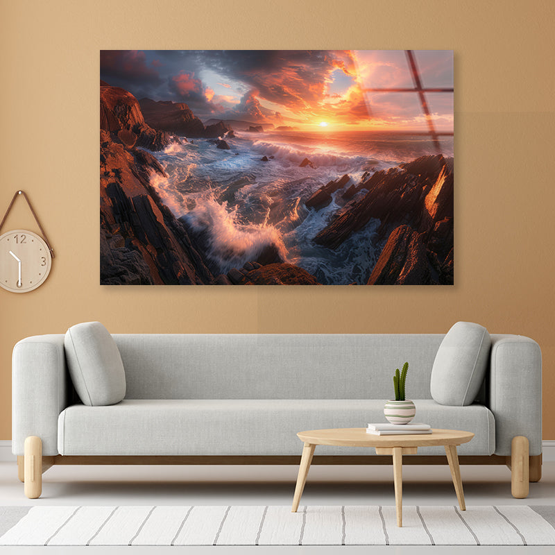 Sunset over a Rocky Beach Acrylic Glass Print Tempered Glass Wall Art 100% Made in Australia Ready to Hang