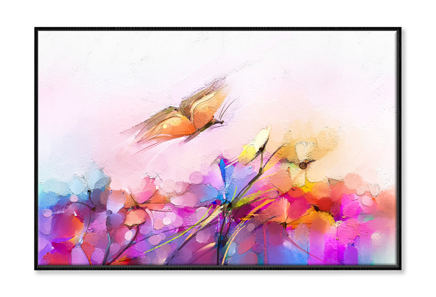 Abstract Butterfly Flying over Spring Flowers Painting Wall Art Limited Edition High Quality Print Canvas Box Framed Black