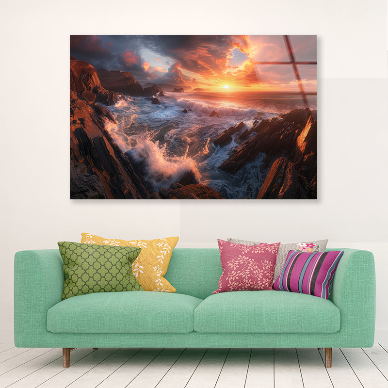 Sunset over a Rocky Beach Acrylic Glass Print Tempered Glass Wall Art 100% Made in Australia Ready to Hang