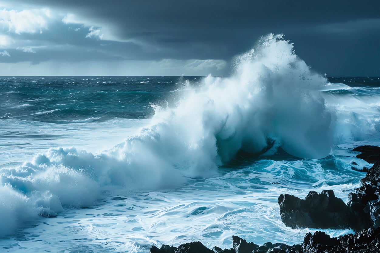 Large Wave Crashing Into Rocks, Sky Home Decor Premium Quality Poster Print Choose Your Sizes