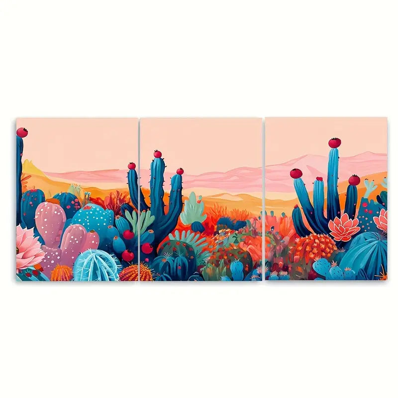 3pcs Colorful Vibrant Desert Cactus Metal Print Ready to Hang Art
