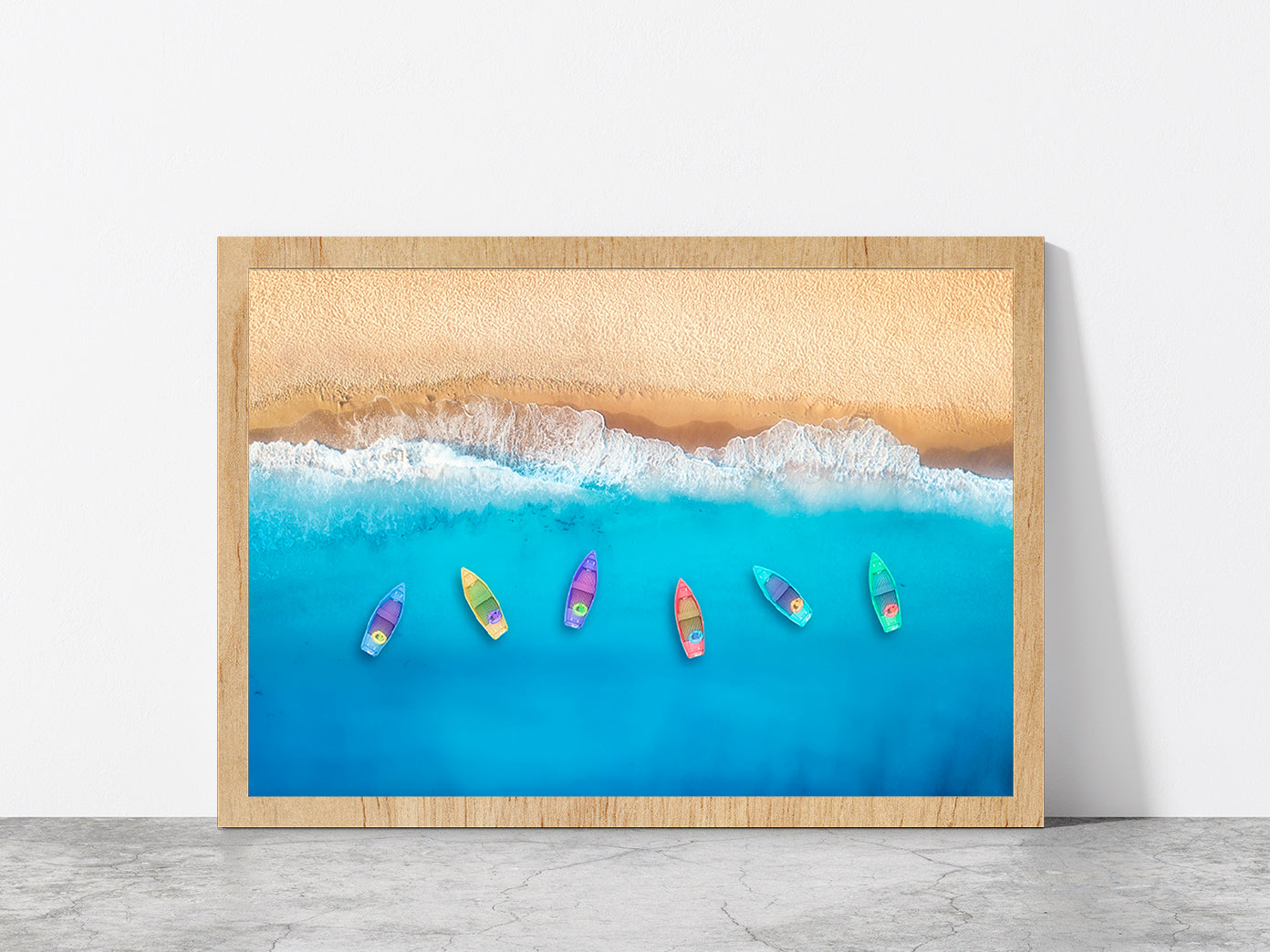 Colorful Boats On Beach Glass Framed Wall Art, Ready to Hang Quality Print Without White Border Oak