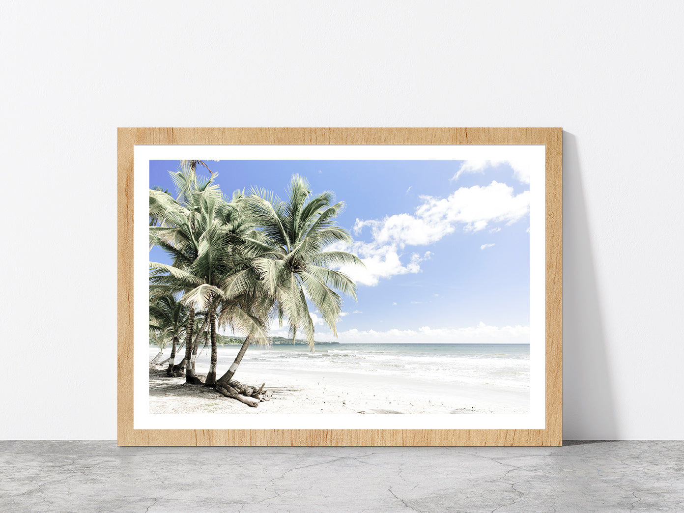 Palm Trees near Sea & Cloudy Blue Sky Photograph Glass Framed Wall Art, Ready to Hang Quality Print With White Border Oak