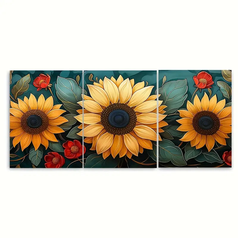 3pcs Vibrant Sunflower Green Leaves Metal Print Ready to Hang Art