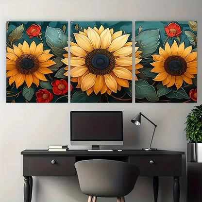 3pcs Vibrant Sunflower Green Leaves Metal Print Ready to Hang Art
