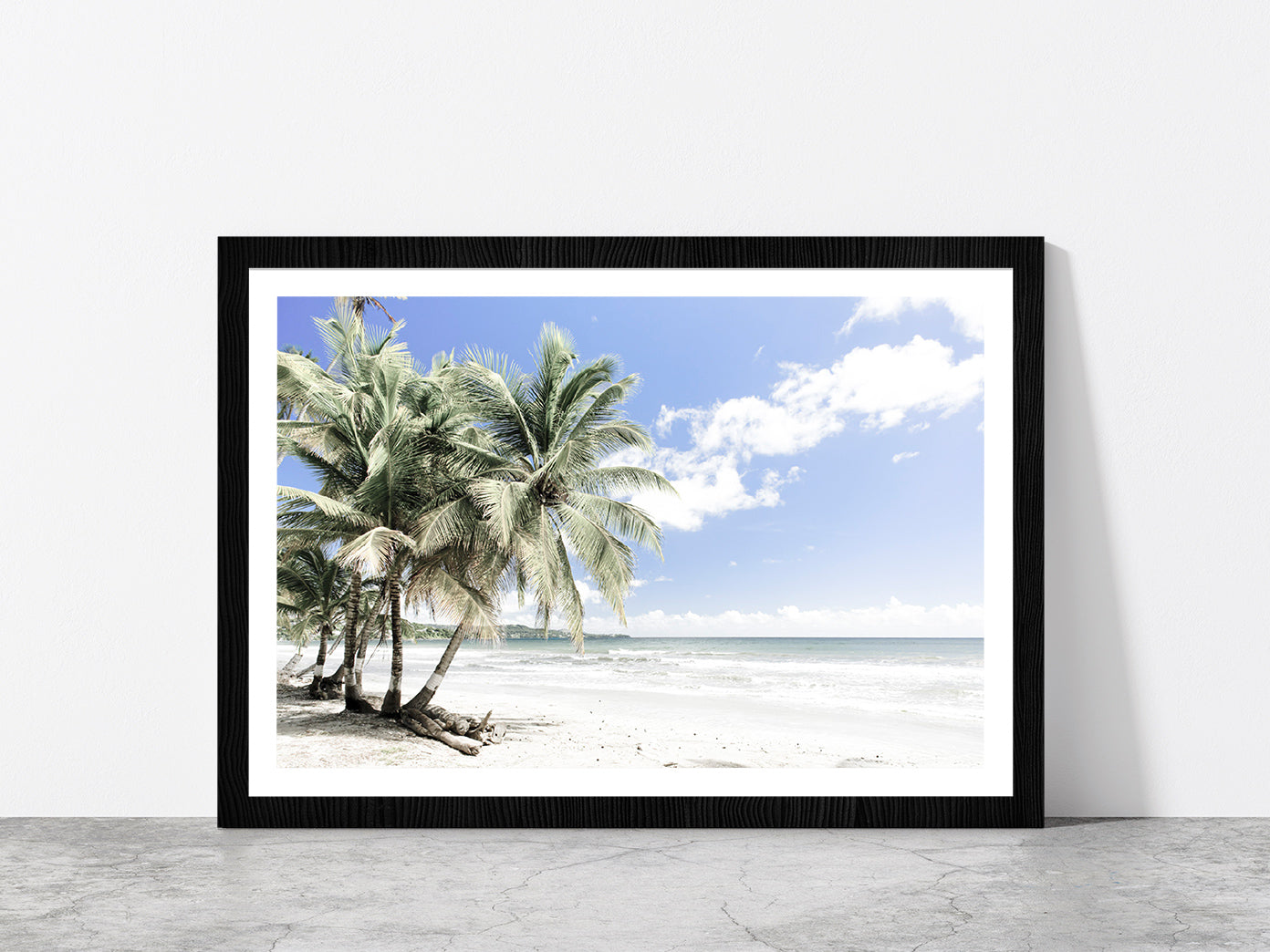 Palm Trees near Sea & Cloudy Blue Sky Photograph Glass Framed Wall Art, Ready to Hang Quality Print With White Border Black